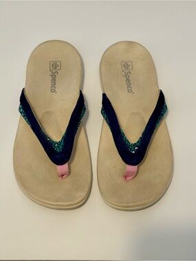 Spenco Women's Size 12 Wide "Flamingo" Orthotic Thong Sandals Blue Teal Strap